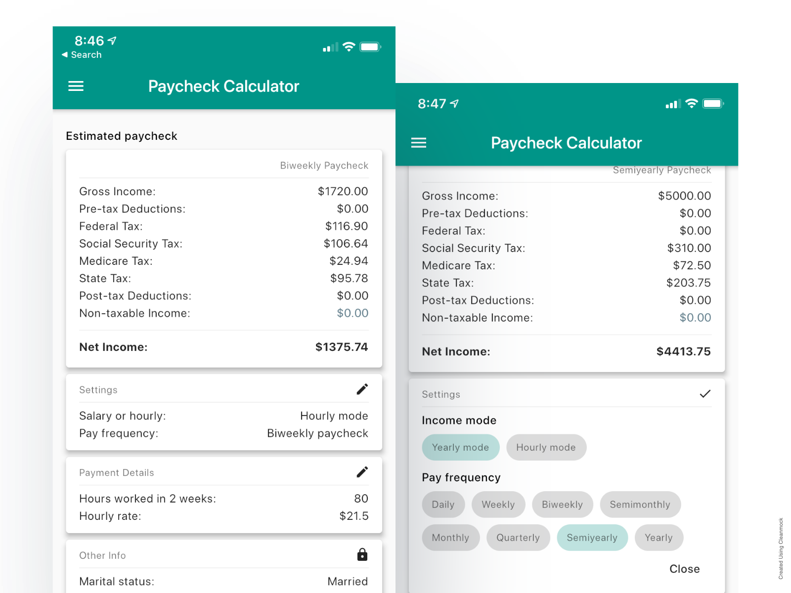 Paycheck calculator interface showing salary and deduction inputs